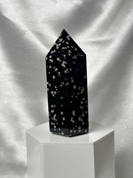 Stardust Obsidian Tower | Natural Black Obsidian with Volcanic Dust Inclusions | Polished Standing Volcanic Glass Mineral Specimen Display