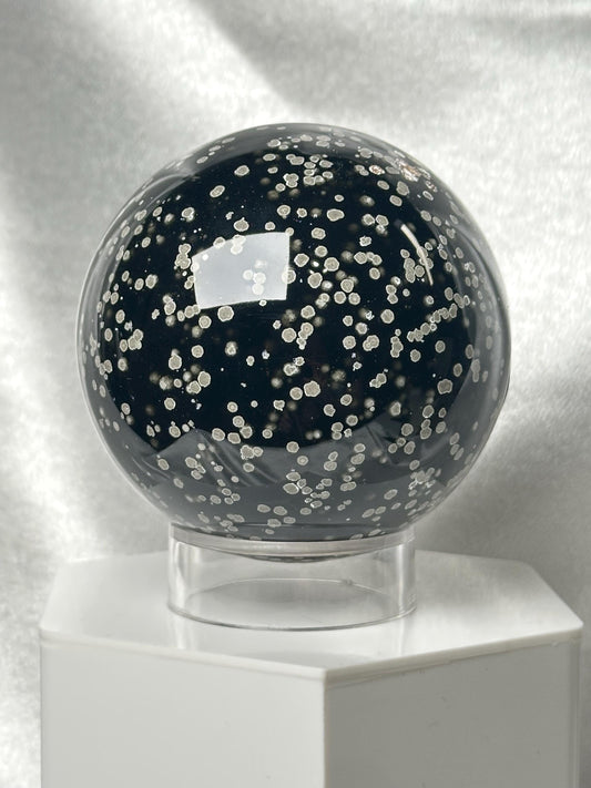 Stardust Obsidian Sphere | Natural Black Obsidian with Volcanic Dust Inclusions | Polished Volcanic Glass Mineral Specimen for Display