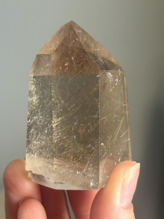 Rutile in Quartz Tower | Natural Clear Quartz Crystal with Rutile Needle Inclusions | Polished Standing Mineral Specimen Collectors Display