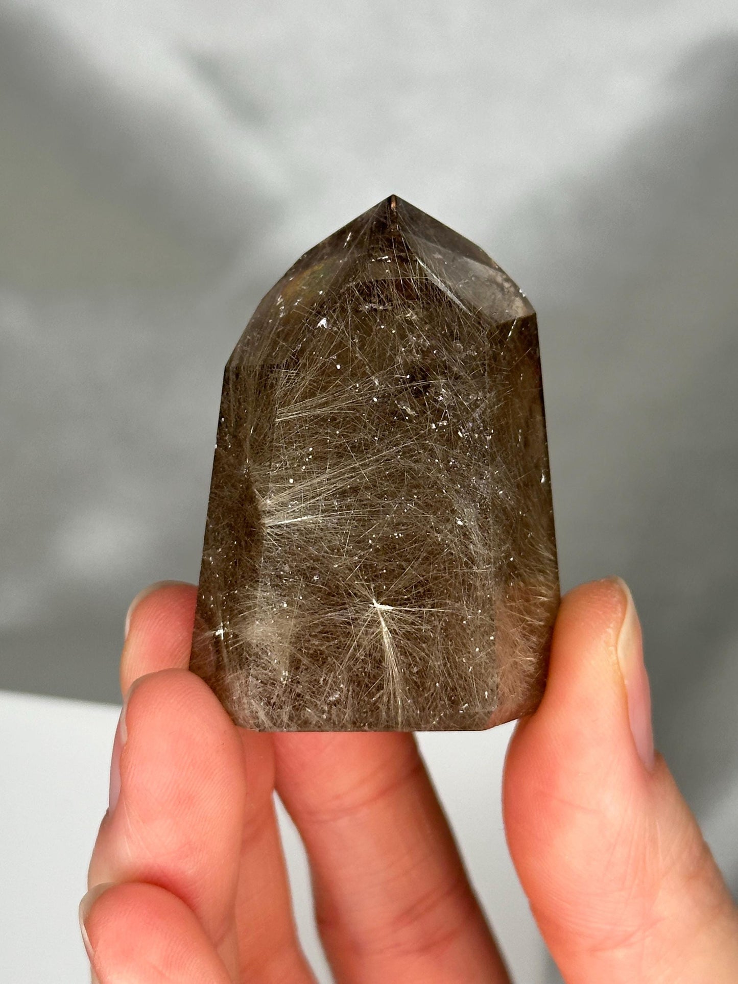 Rutile in Quartz Tower | Natural Clear Quartz Crystal with Rutile Needle Inclusions | Polished Standing Mineral Specimen Collectors Display