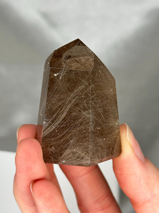 Rutile in Quartz Tower | Natural Clear Quartz Crystal with Rutile Needle Inclusions | Polished Standing Mineral Specimen Collectors Display