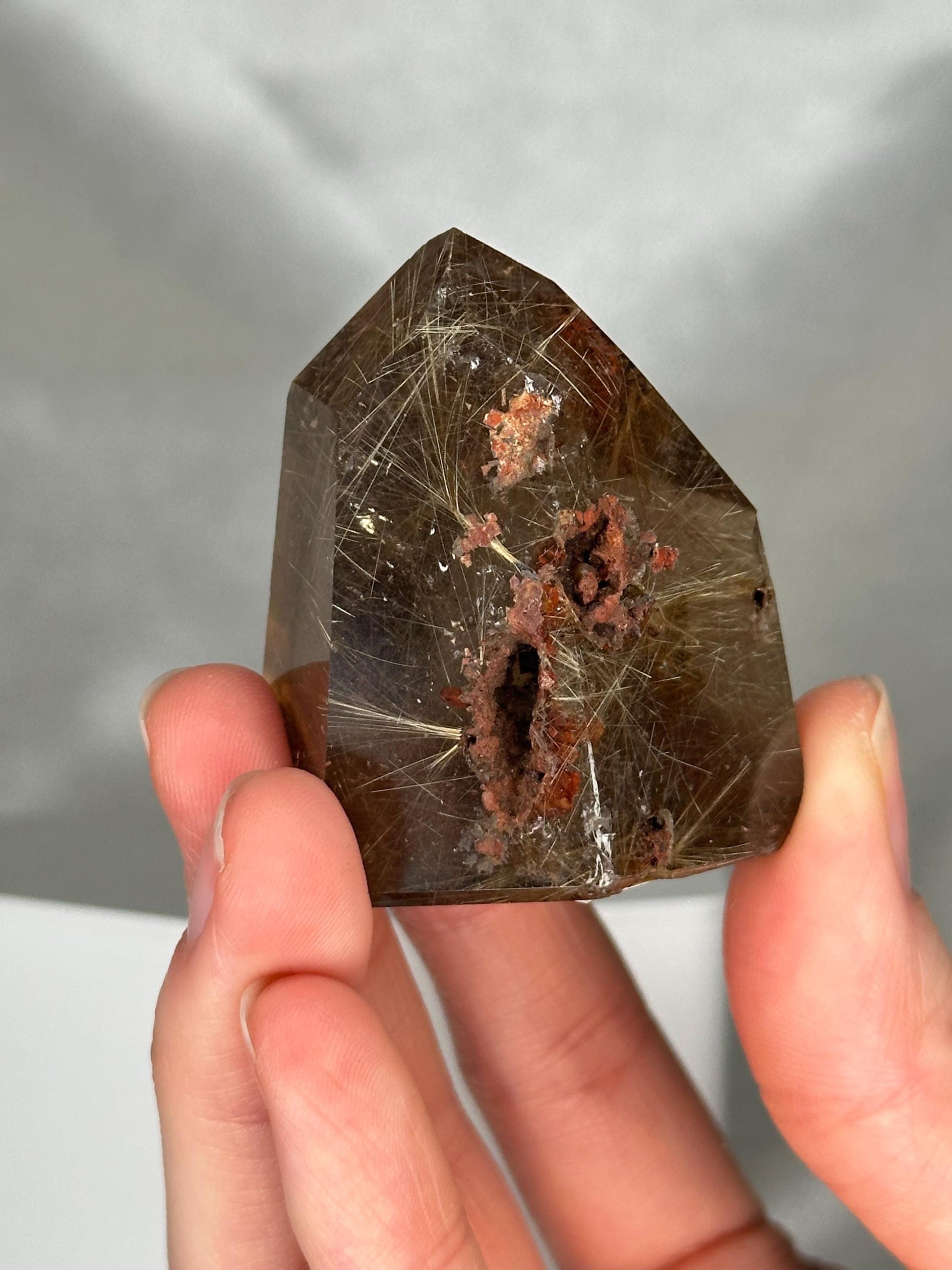 Rutile in Quartz Tower | Natural Clear Quartz Crystal with Rutile Needle Inclusions | Polished Standing Mineral Specimen Collectors Display