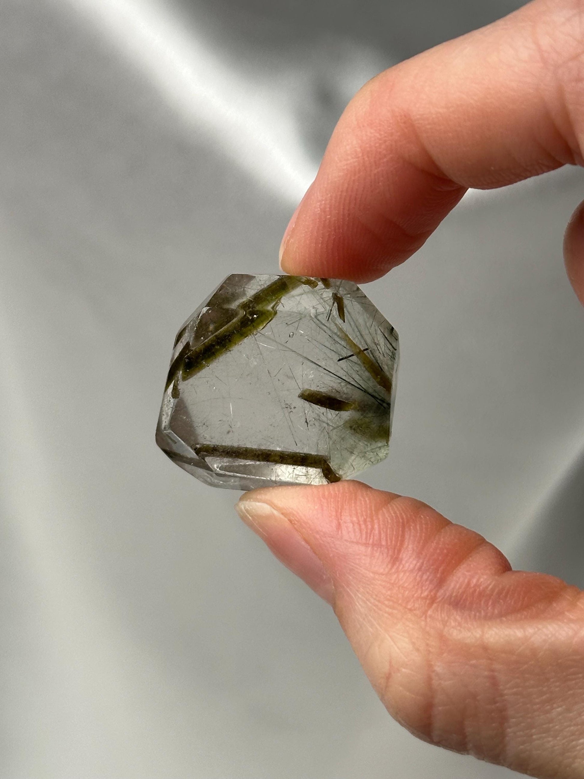Polished Green Epidote with Green Rutile in Quartz | Natural Inclusion Quartz Crystal | Unique Mineral Specimen for Collectors & Display