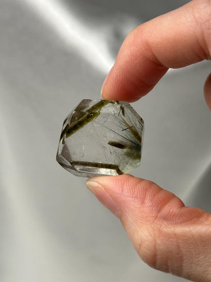 Polished Green Epidote with Green Rutile in Quartz | Natural Inclusion Quartz Crystal | Unique Mineral Specimen for Collectors & Display