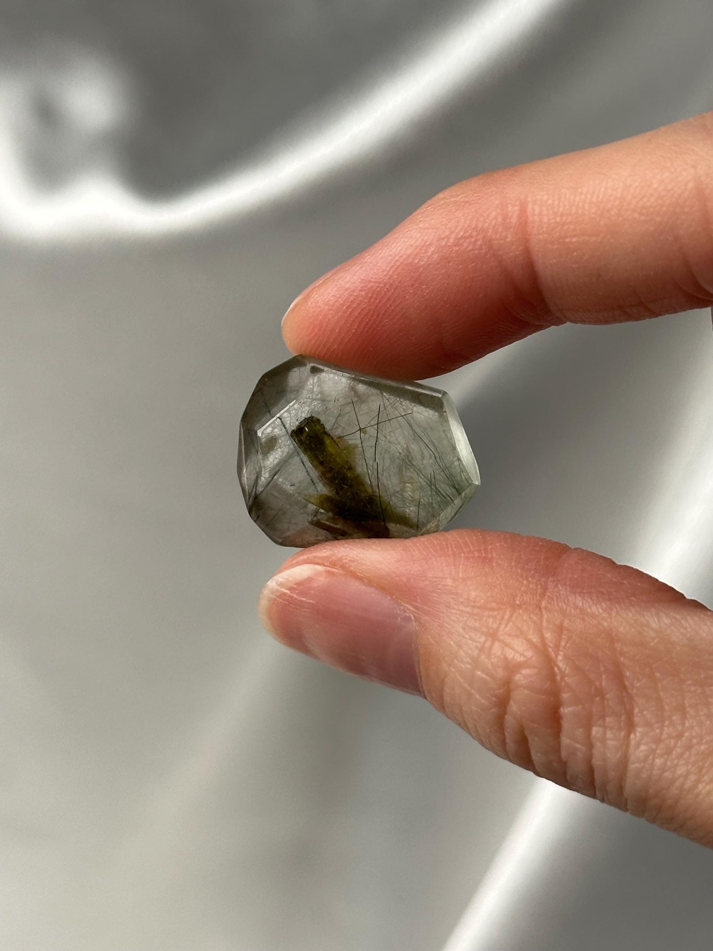 Polished Green Epidote with Green Rutile in Quartz | Natural Inclusion Quartz Crystal | Unique Mineral Specimen for Collectors & Display