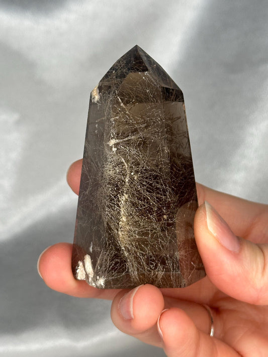 Rutile in Quartz Tower | Natural Clear Quartz Crystal with Rutile Needle Inclusions | Polished Standing Mineral Specimen Collectors Display