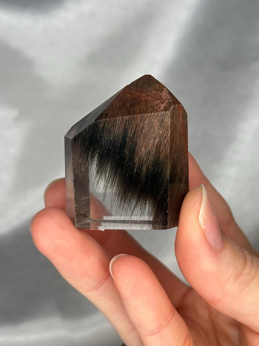 Red Amphibole Quartz Tower | Natural Quartz Crystal with Red Amphibole Inclusions | Polished Standing Mineral Specimen for Collector Display