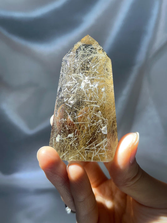 Rutile in Quartz Tower | Natural Clear Quartz Crystal with Rutile Needle Inclusions | Polished Standing Mineral Specimen Collectors Display