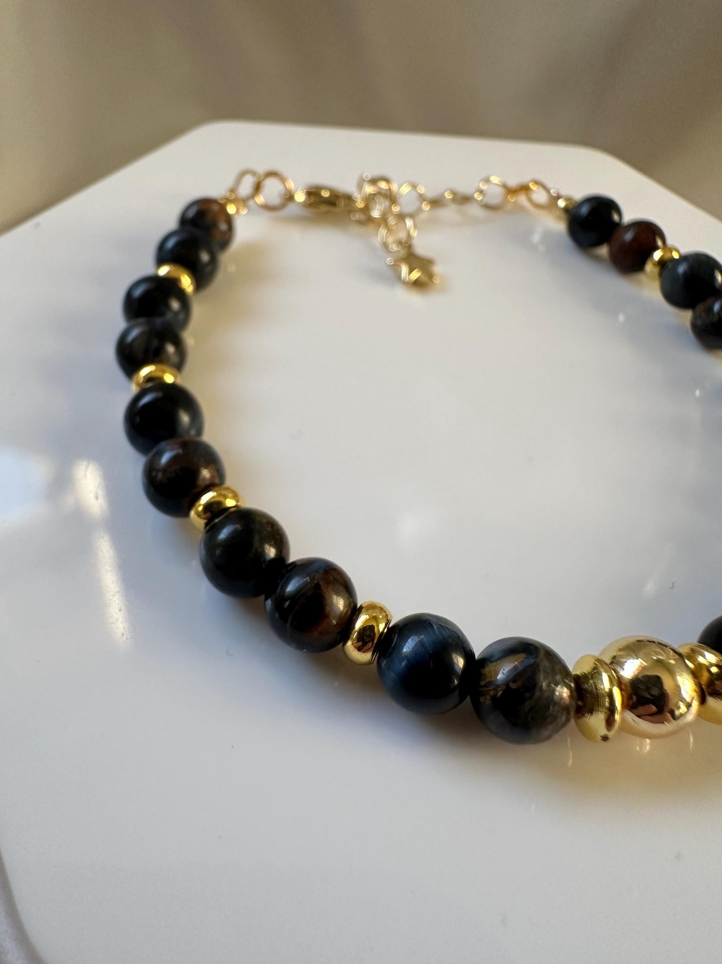 Blue Pietersite Bracelet | 14k Gold Plated Bead & Accents | Natural Blue Pietersite Gemstone Jewelry | Handmade Beaded Bracelet | Gift