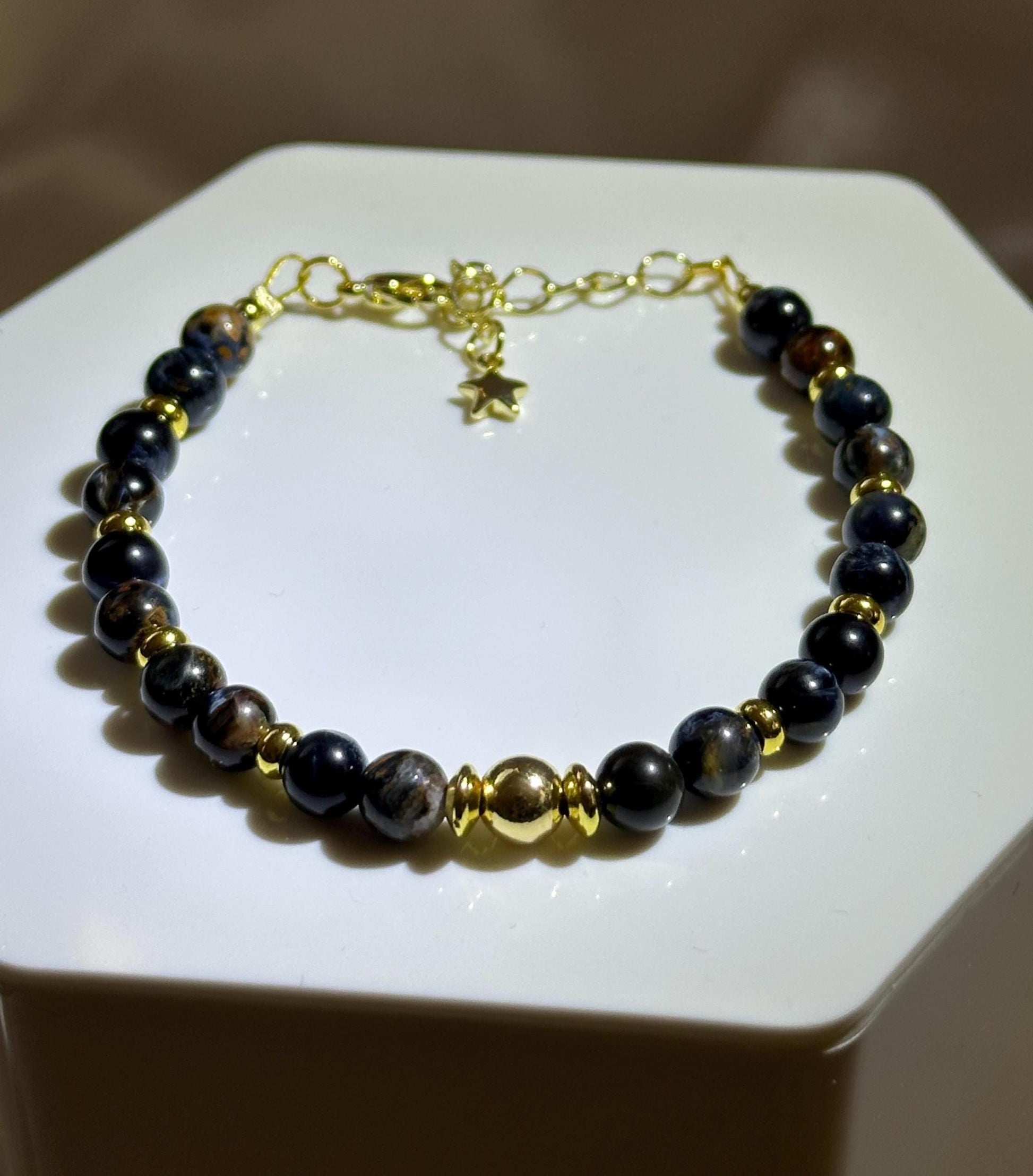 Blue Pietersite Bracelet | 14k Gold Plated Bead & Accents | Natural Blue Pietersite Gemstone Jewelry | Handmade Beaded Bracelet | Gift