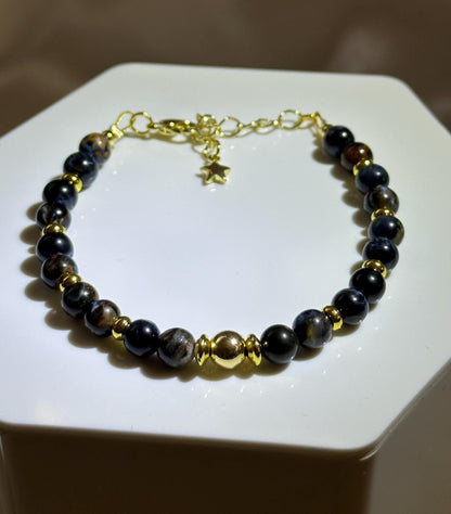 Blue Pietersite Bracelet | 14k Gold Plated Bead & Accents | Natural Blue Pietersite Gemstone Jewelry | Handmade Beaded Bracelet | Gift