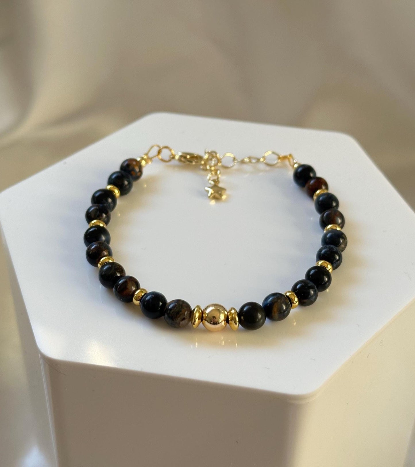 Blue Pietersite Bracelet | 14k Gold Plated Bead & Accents | Natural Blue Pietersite Gemstone Jewelry | Handmade Beaded Bracelet | Gift
