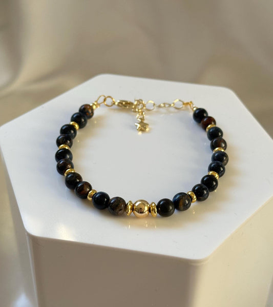 Blue Pietersite Bracelet | 14k Gold Plated Bead & Accents | Natural Blue Pietersite Gemstone Jewelry | Handmade Beaded Bracelet | Gift