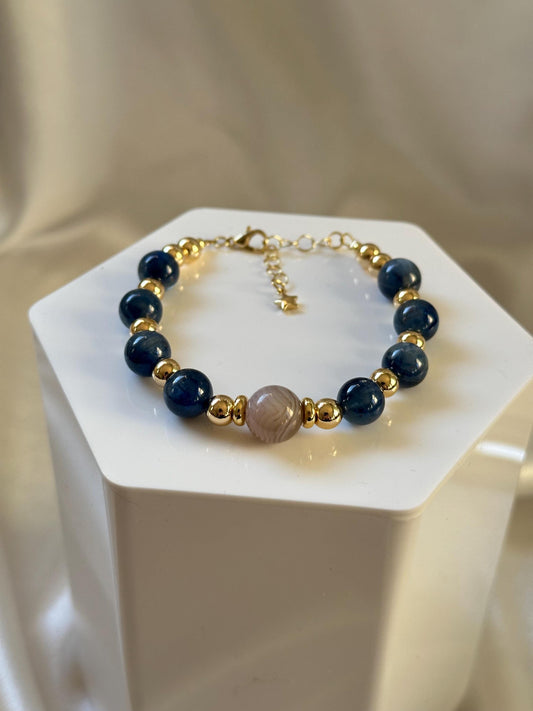 Blue Kyanite & Botswana Agate Bracelet | Focal Agate Bead | 14k Gold Plated Spacer Beads and Chain | Natural Gemstone Handmade Jewelry
