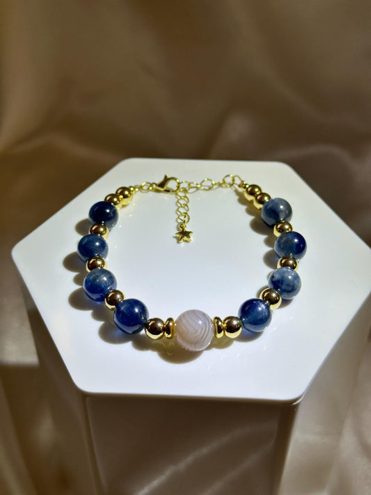Blue Kyanite & Botswana Agate Bracelet | Focal Agate Bead | 14k Gold Plated Spacer Beads and Chain | Natural Gemstone Handmade Jewelry