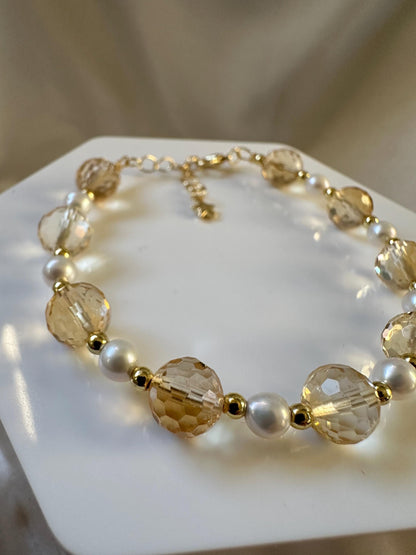 Faceted Citrine & Freshwater Pearl Bracelet | 14k Gold Plated Spacer Beads | Natural Gemstone Bead Jewelry | Handmade Pearl Citrine Design