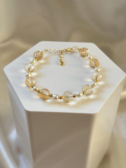 Faceted Citrine & Freshwater Pearl Bracelet | 14k Gold Plated Spacer Beads | Natural Gemstone Bead Jewelry | Handmade Pearl Citrine Design