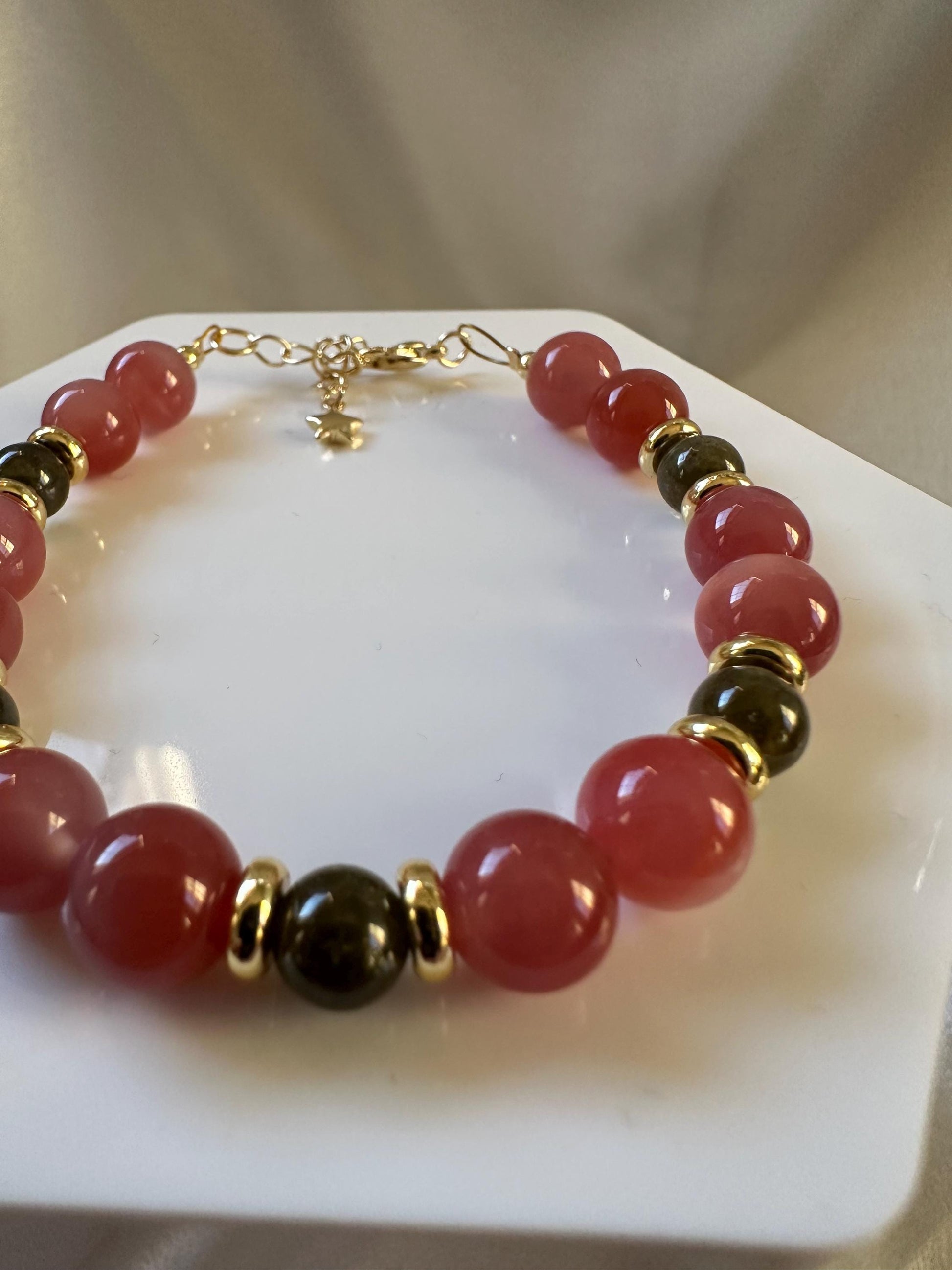 Red Agate & Green Garnet Bracelet | 14k Gold Plated Spacer Beads | Natural Gemstone Beaded Jewelry | Handmade Colorful Stone Design