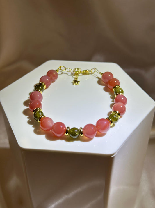 Red Agate & Green Garnet Bracelet | 14k Gold Plated Spacer Beads | Natural Gemstone Beaded Jewelry | Handmade Colorful Stone Design