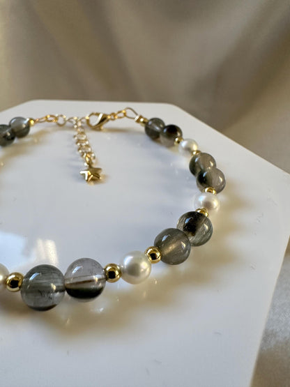 Green Tourmalated Quartz & Freshwater Pearl Bracelet | 14k Gold Plated Spacer Beads | Natural Inclusion Gemstone Jewelry | Handmade Design