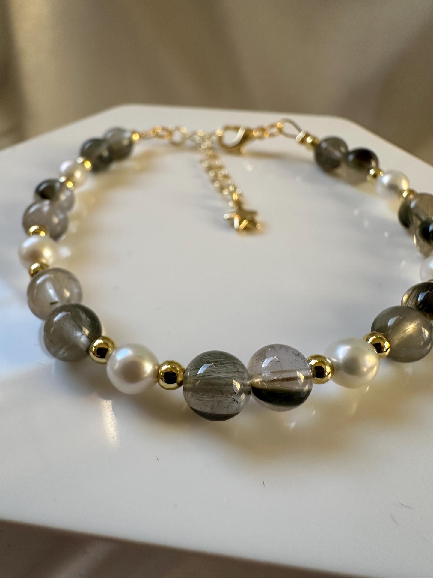 Green Tourmalated Quartz & Freshwater Pearl Bracelet | 14k Gold Plated Spacer Beads | Natural Inclusion Gemstone Jewelry | Handmade Design