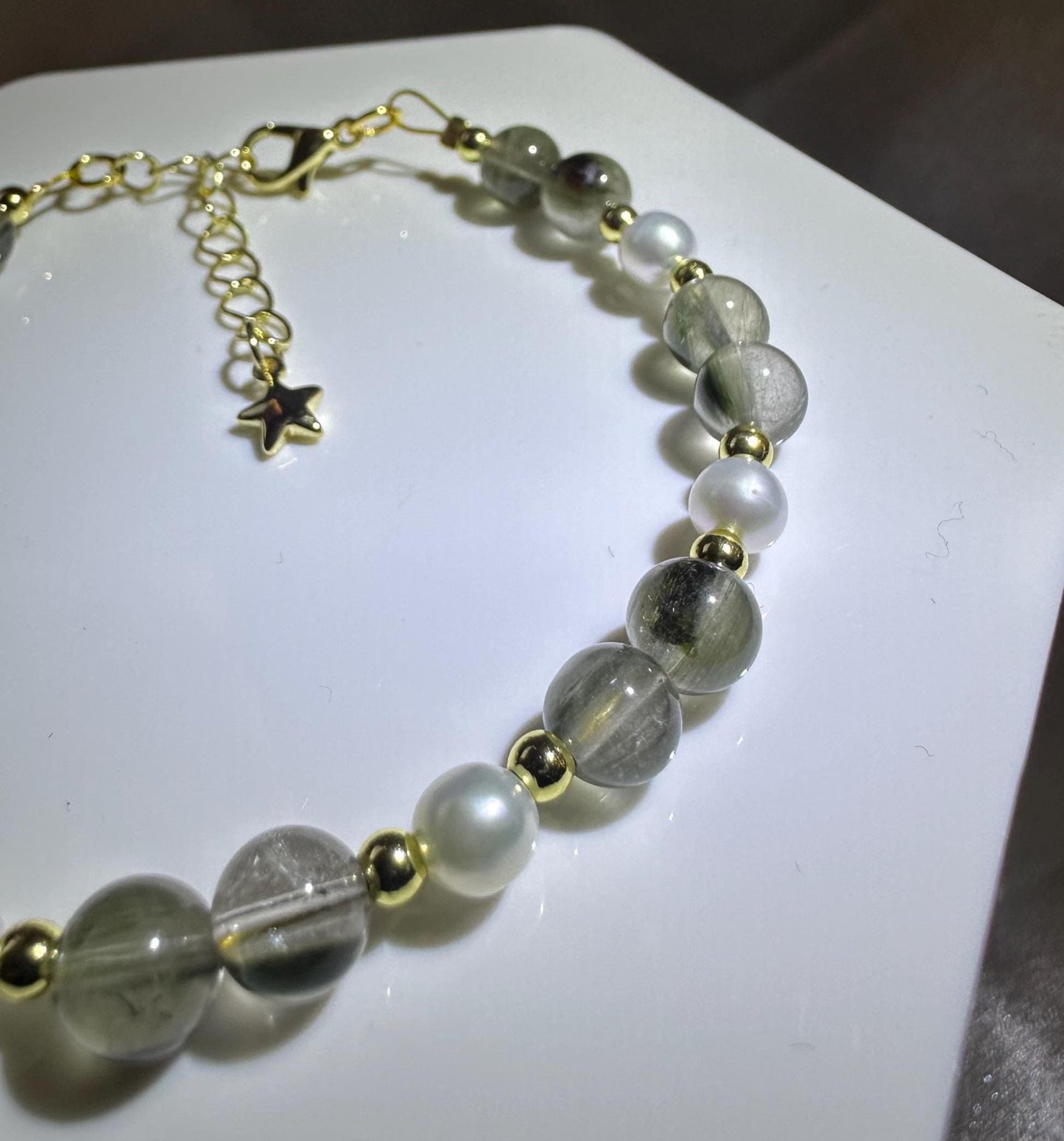 Green Tourmalated Quartz & Freshwater Pearl Bracelet | 14k Gold Plated Spacer Beads | Natural Inclusion Gemstone Jewelry | Handmade Design