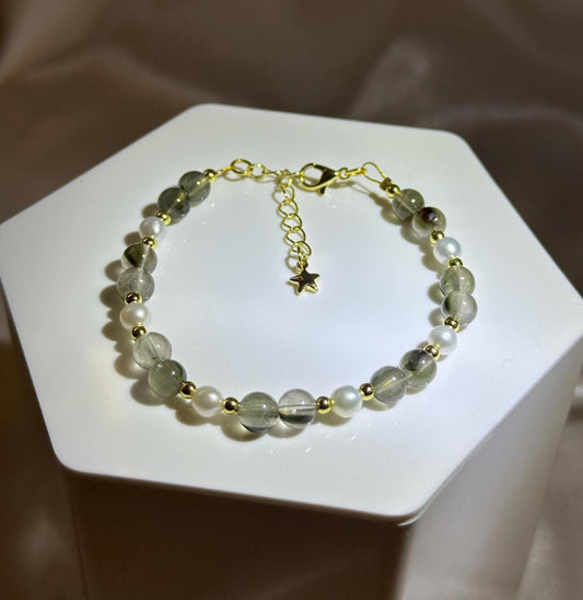 Green Tourmalated Quartz & Freshwater Pearl Bracelet | 14k Gold Plated Spacer Beads | Natural Inclusion Gemstone Jewelry | Handmade Design
