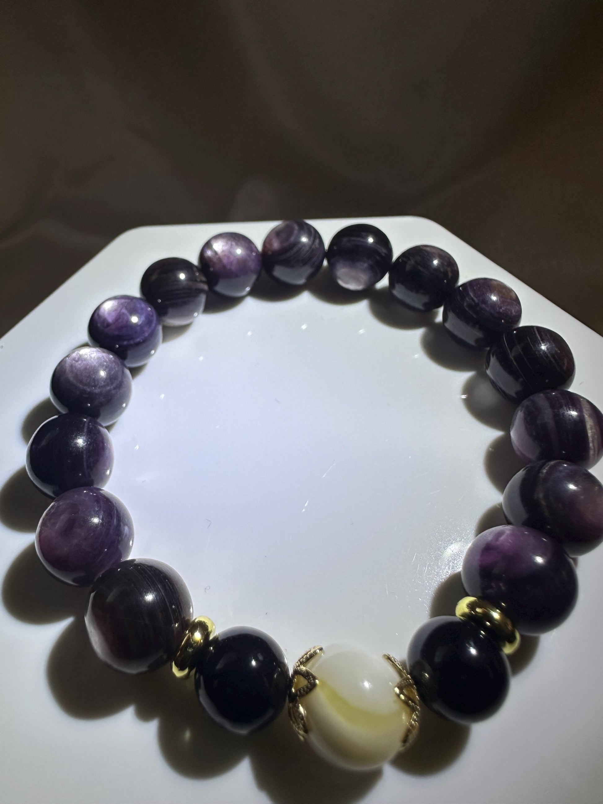 Gem Lepidolite (Stabilized) & Tridacna Shell Focal Bead Bracelet | Natural Purple Gemstone Beads | Handmade Crystal Jewelry for Collectors