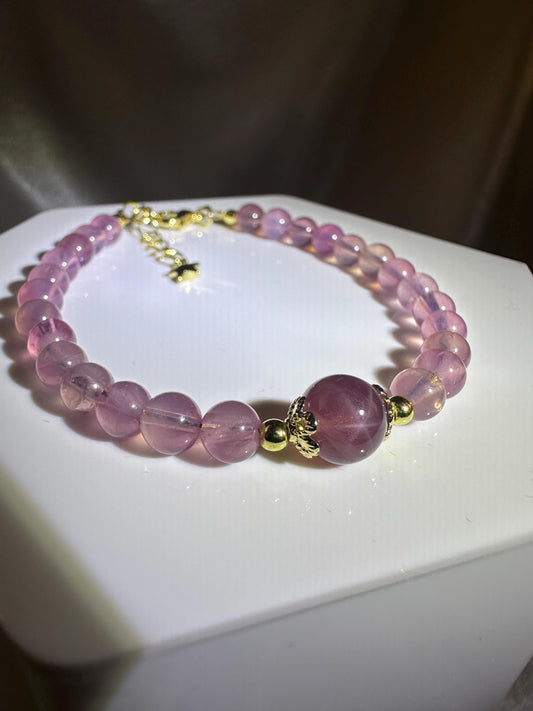 HQ Star Mozambique Rose Quartz Bead Bracelet | Old Stock Pink Quartz | 14k Gold Plated Spacer Beads | Natural Gemstone Handmade Jewelry