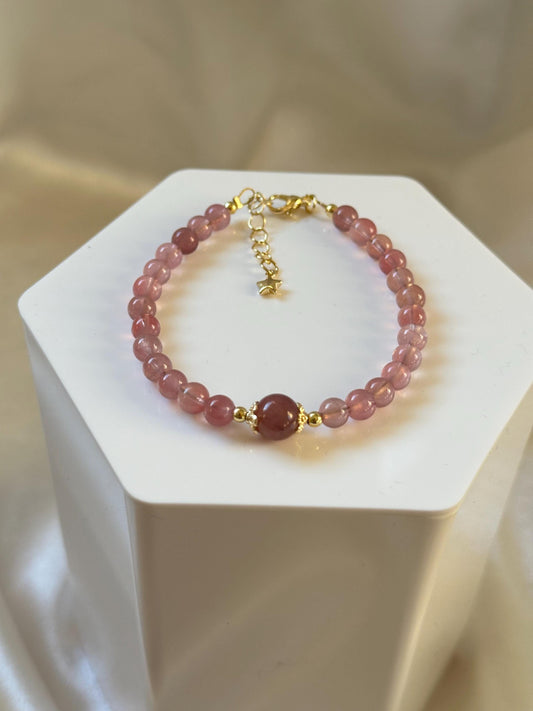 HQ Star Mozambique Rose Quartz Bead Bracelet | Old Stock Pink Quartz | 14k Gold Plated Spacer Beads | Natural Gemstone Handmade Jewelry