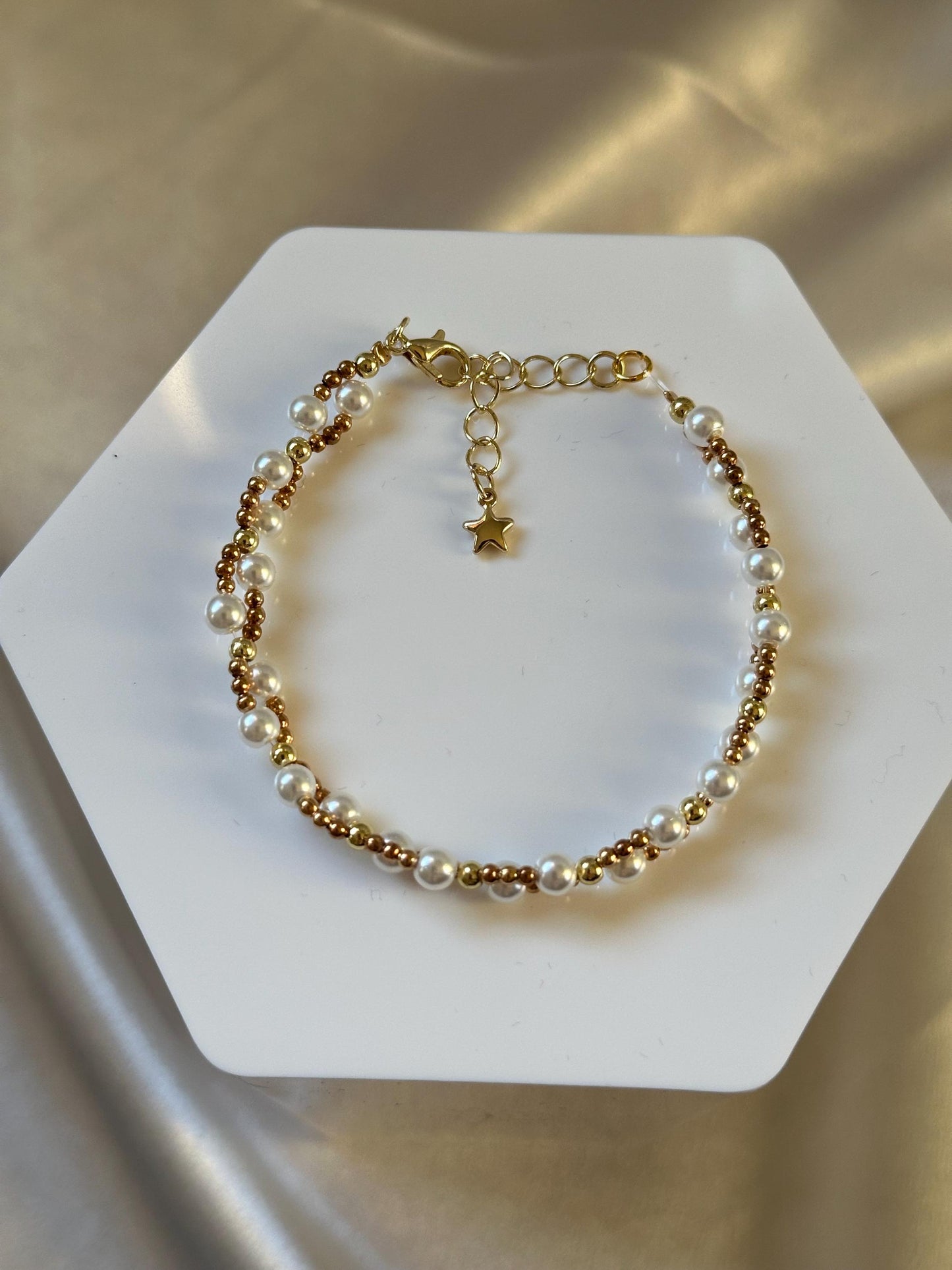 Braided Gold Tone Metal Bead Necklace | Imitation Pearl Accents | 14k Gold Plated Chain | Handmade Fashion Jewelry Design | Gift