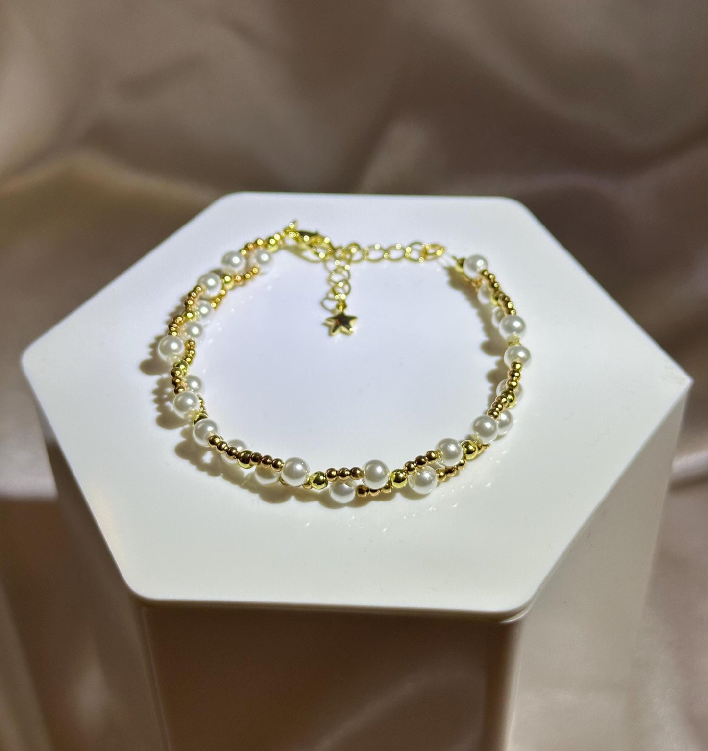 Braided Gold Tone Metal Bead Necklace | Imitation Pearl Accents | 14k Gold Plated Chain | Handmade Fashion Jewelry Design | Gift
