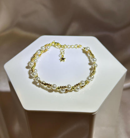 Braided Gold Tone Metal Bead Necklace | Imitation Pearl Accents | 14k Gold Plated Chain | Handmade Fashion Jewelry Design | Gift