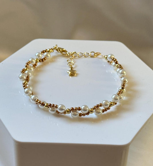 Braided Gold Tone Metal Bead Necklace | Imitation Pearl Accents | 14k Gold Plated Chain | Handmade Fashion Jewelry Design | Gift