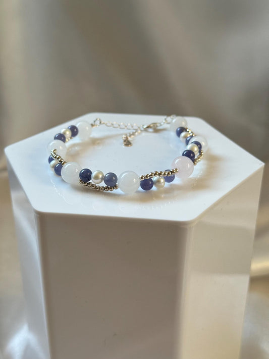 Tanzanite, White Agate & Pearl Braided Bracelet | Natural Gemstone Beads | Handmade Braided Jewelry with Mixed Stone Accents