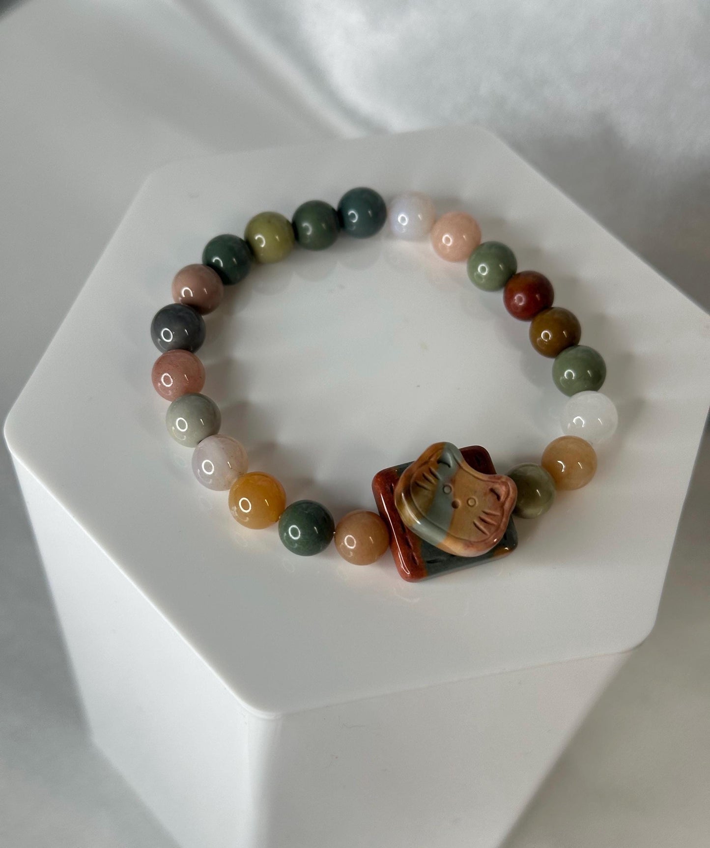 Alashan Agate Kitty Bracelet Fidget Spinner | Natural Agate Beaded Bracelet with Spinning Cat Charm | Handmade Gemstone Jewelry
