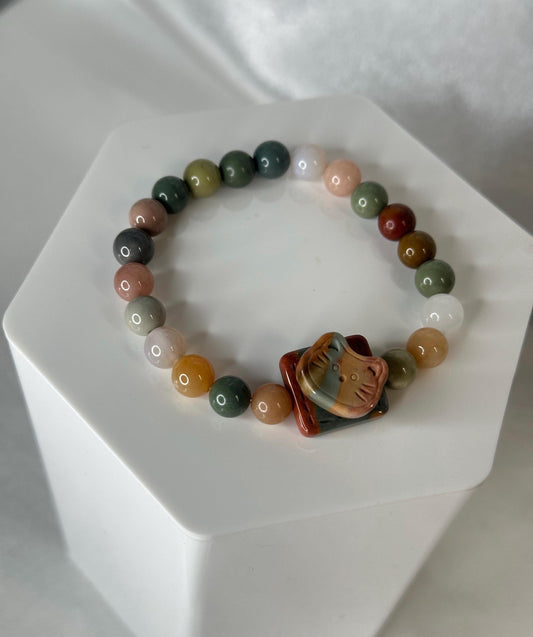 Alashan Agate Kitty Bracelet Fidget Spinner | Natural Agate Beaded Bracelet with Spinning Cat Charm | Handmade Gemstone Jewelry