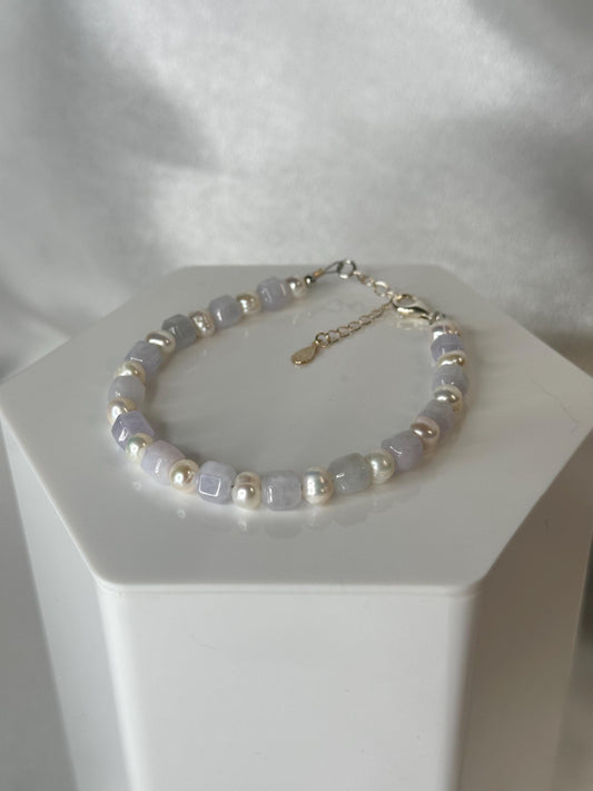 Lavender Jade Cube Cut Necklace with Freshwater Pearl | Natural Jade Beads | S925 Sterling Silver Extender Chain | Handmade Gemstone Jewelry