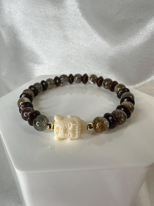 Buddha Bracelet with Buddha Focal Bead | Garden Quartz & Wood Beads | 14k Gold Plated Spacer Beads | Handmade Beaded Jewelry