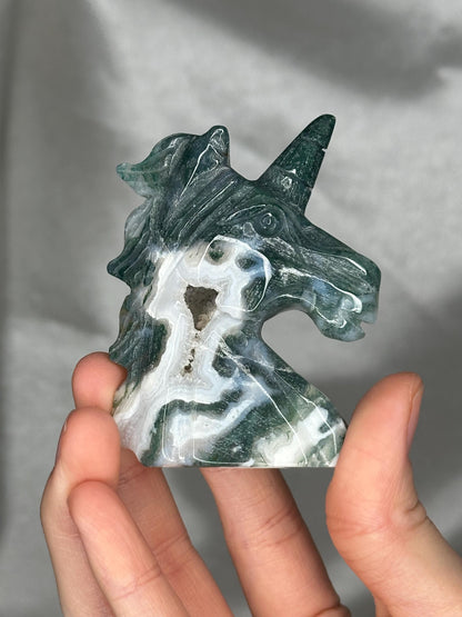 Moss Agate Unicorn Carving | Natural Green Moss Agate Stone Sculpture | Polished Unicorn Crystal Figurine for Collectors & Display