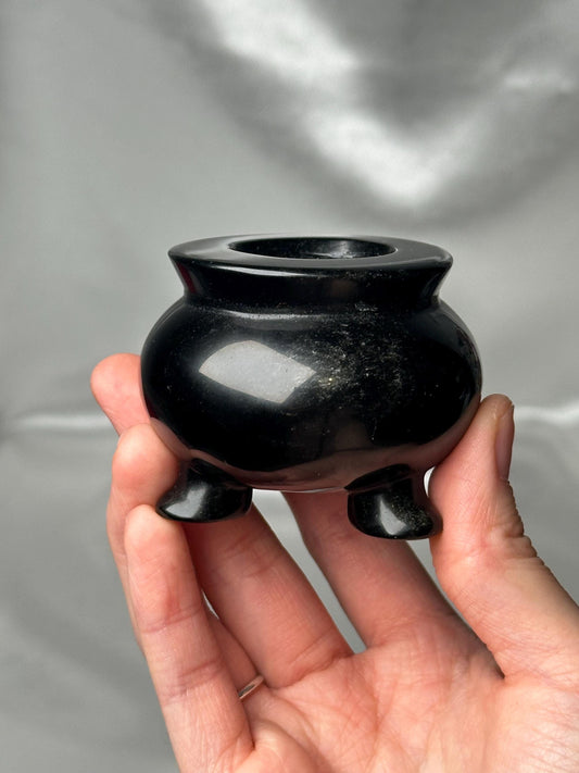 Silver Sheen Obsidian Cauldron Carving | Natural Obsidian Stone Mini Cauldron Sculpture | Polished Volcanic Glass Specimen for Collectors