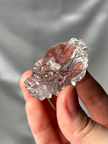 Black Tourmaline in Clear Quartz Lóngguī Carving | Natural Inclusion Quartz Dragon Turtle Sculpture | Polished Crystal Figurine