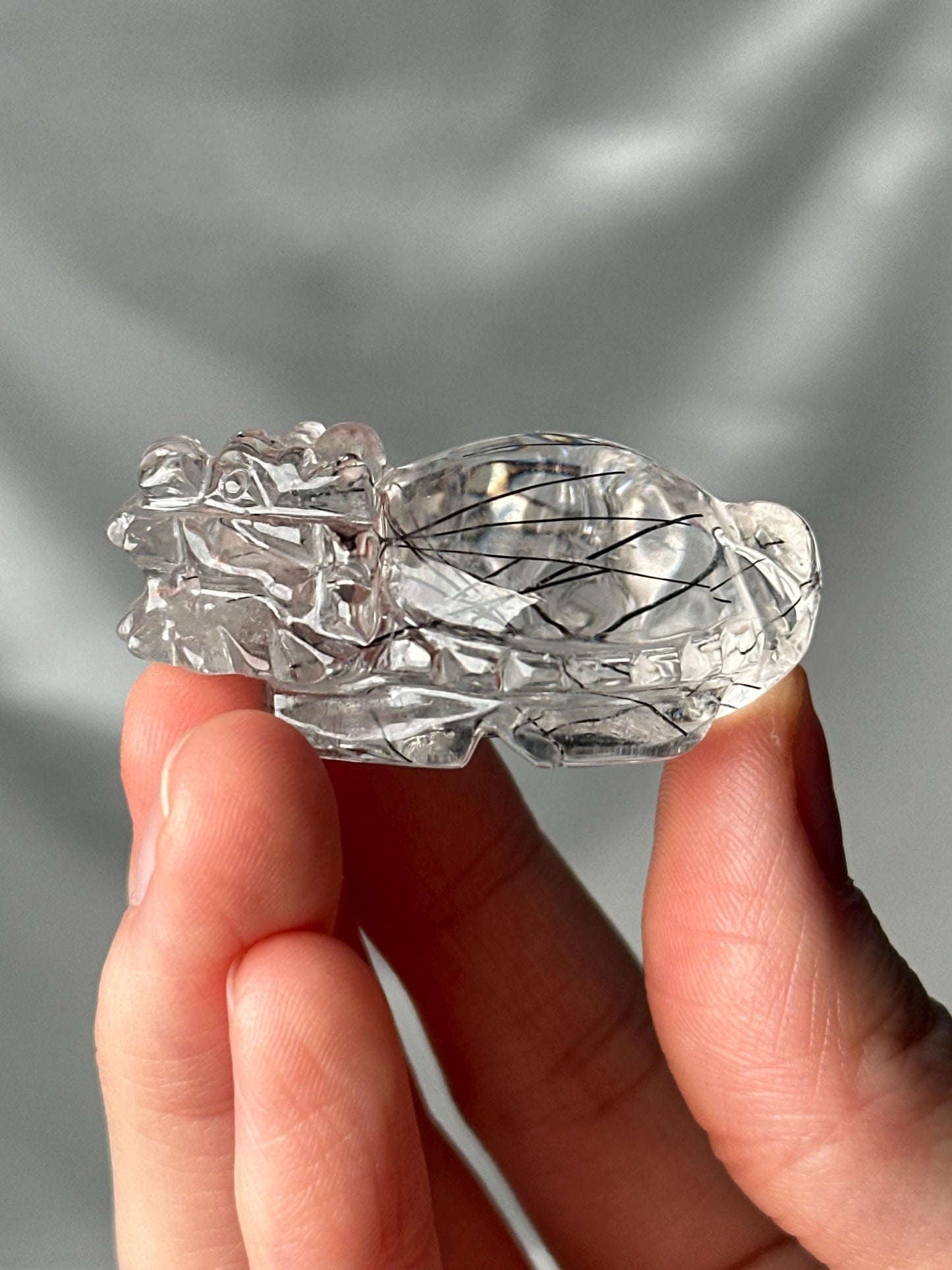 Black Tourmaline in Clear Quartz Lóngguī Carving | Natural Inclusion Quartz Dragon Turtle Sculpture | Polished Crystal Figurine