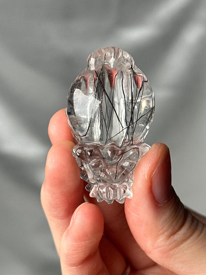 Black Tourmaline in Clear Quartz Lóngguī Carving | Natural Inclusion Quartz Dragon Turtle Sculpture | Polished Crystal Figurine