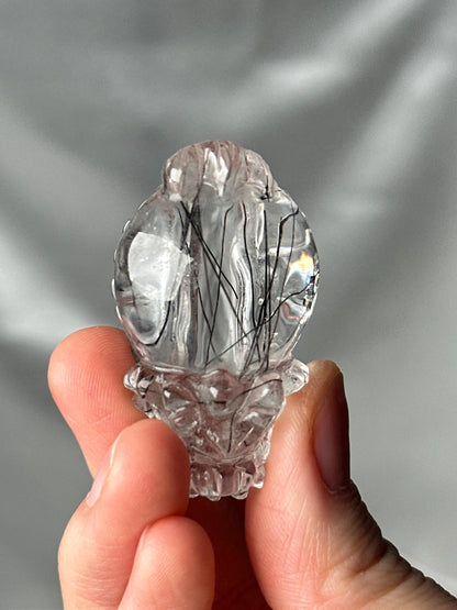 Black Tourmaline in Clear Quartz Lóngguī Carving | Natural Inclusion Quartz Dragon Turtle Sculpture | Polished Crystal Figurine