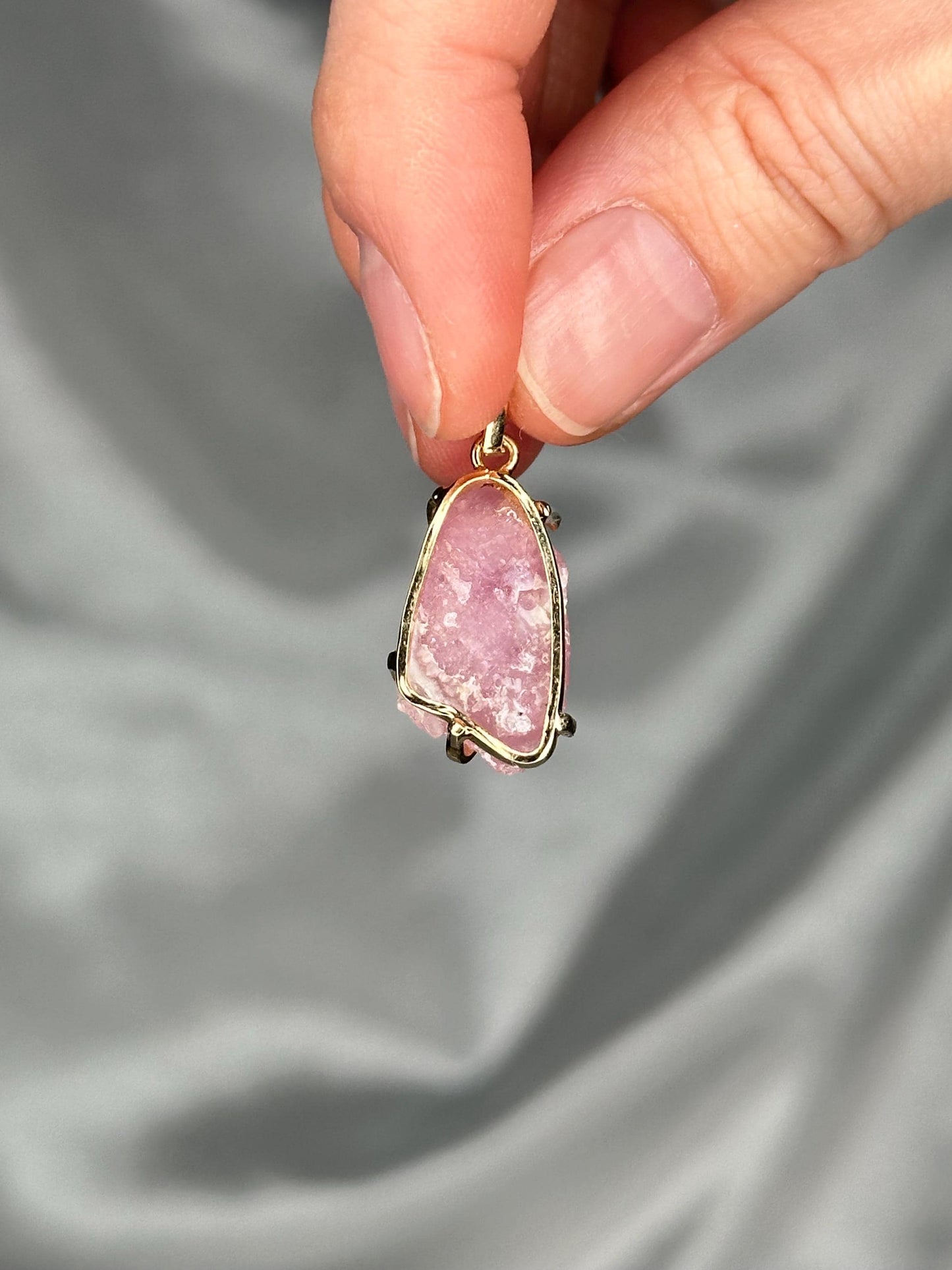 Crystallized Rose Quartz Pendant | Natural Pink Quartz Crystal Growth | Gold Plated Setting Pendant | Polished Gemstone Jewelry Necklaces