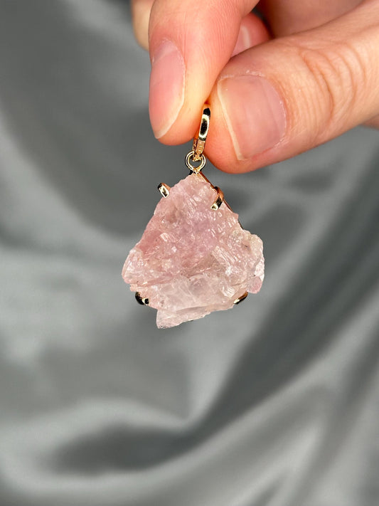 Crystallized Rose Quartz Pendant | Natural Pink Quartz Crystal Growth | Gold Plated Setting Pendant | Polished Gemstone Jewelry Necklaces