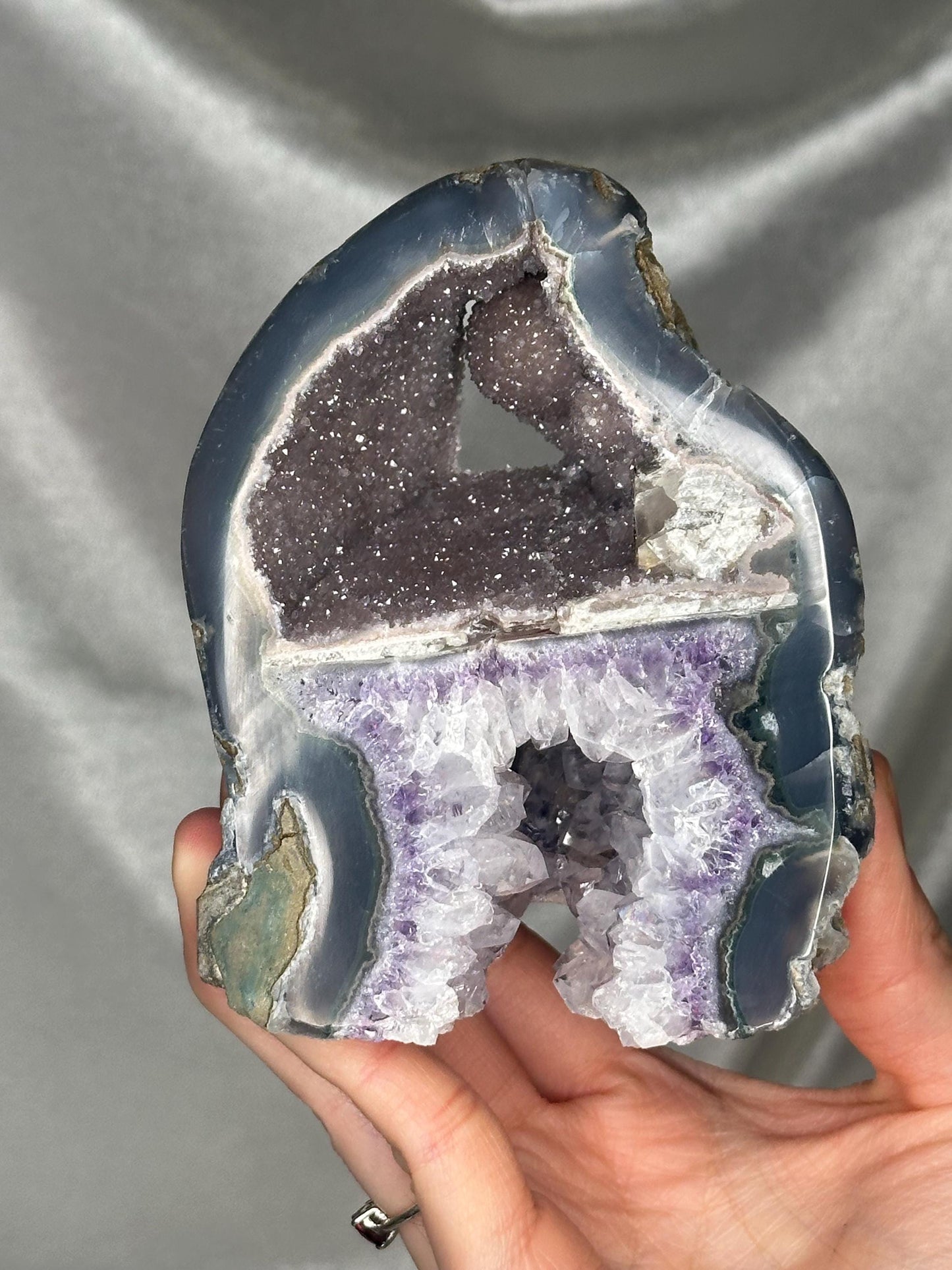 Unique Two-Tier Cut Base Amethyst Specimen | Natural Amethyst with Druzy & Crystal Growth | Standing Mineral Display Piece for Collectors