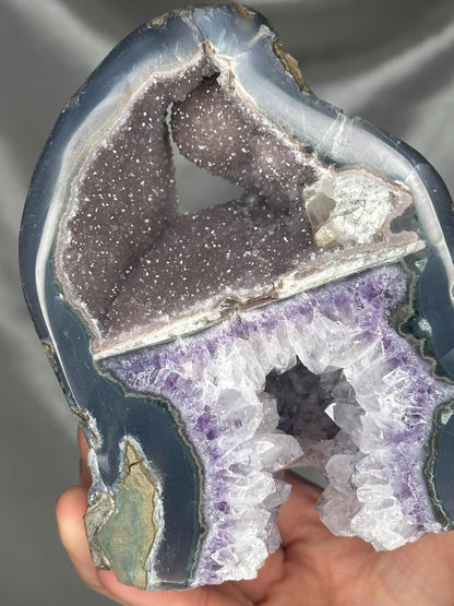 Unique Two-Tier Cut Base Amethyst Specimen | Natural Amethyst with Druzy & Crystal Growth | Standing Mineral Display Piece for Collectors