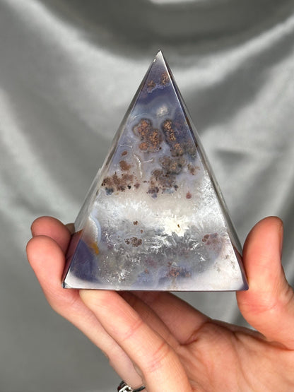 Druzy Agate Pyramid with Moss Inclusions | White Sugar Druzy Pocket | Natural Agate Crystal Pyramid Mineral Specimen for Collectors Display